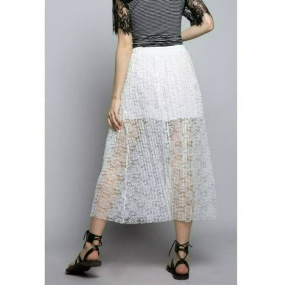 NWT POL Boho Pleated Floral Lace Overlay Midi Skirt - Picture 4 of 7